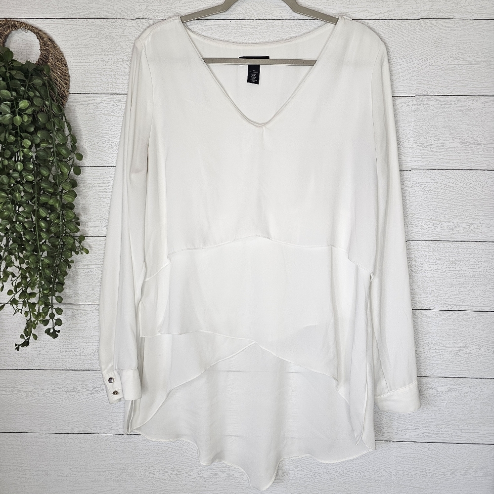 White House Black Market Tiered Long Sleeve High Low Tunic Top Blouse Sz 14 EUC